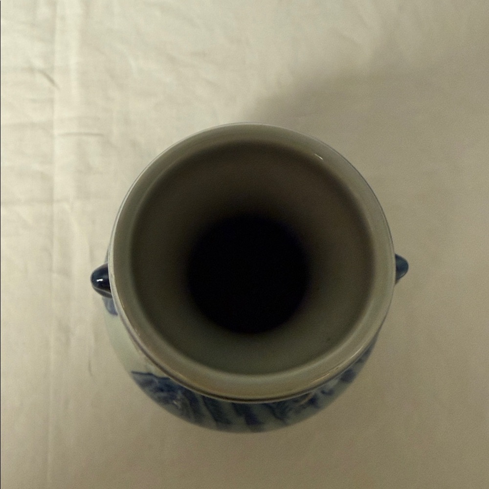 Blue & White Ceramic Landscape Vase Decorative Handles 8.25in - Picture 6 of 7